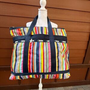 LeSportsac Weekender Bag Womens Large Multicolor Striped Nylon Travel Tote Pouch